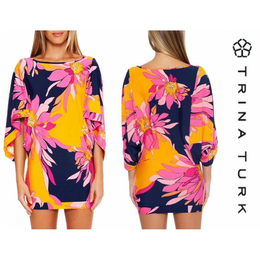 Trina Turk Breeze NWT floral bathing suit cover up wide 3/4 sleeve pink purple L - Picture 3 of 12